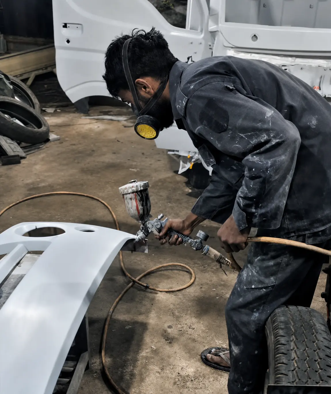Automotive painter spray finishing a prepared vehicle panel